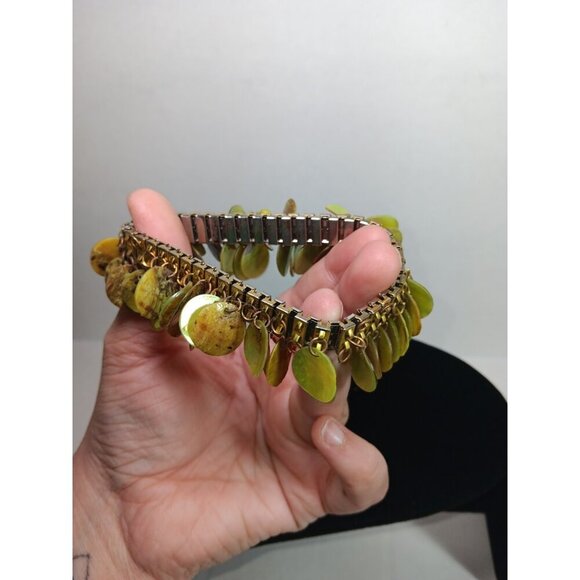 Vtg Abalone Shell Bracelet Round Green Brown Discs Summer Beach Jewelry Stretch - Picture 4 of 4